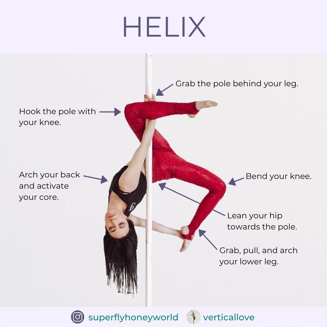 A pole trick visual guide showing a female dancer doing the helix pole move, wearing Super Fly Honey sticky fishnet leggings.