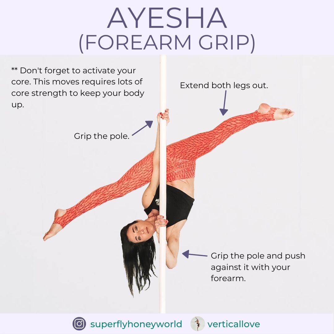 A pole trick visual guide showing a female dancer doing the ayesha with a forearm grip pole move, wearing Super Fly Honey sticky fishnet leggings.