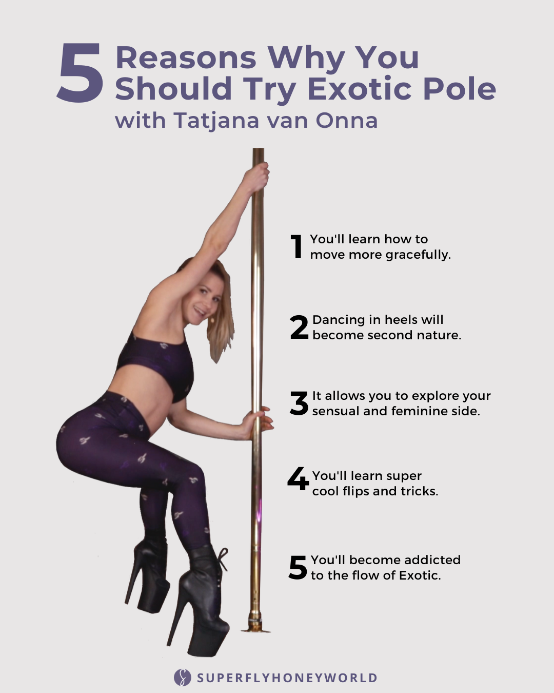 Pole dancer holding a pole with 5 reasons why you should try exotic pole