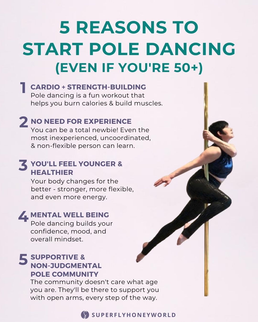 A guide that shows five reasons to start pole dancing (even if you're 50+), with a photo of an older female pole dancer doing the flamingo pole move wearing Super Fly Honey sticky fishnet leggings.
