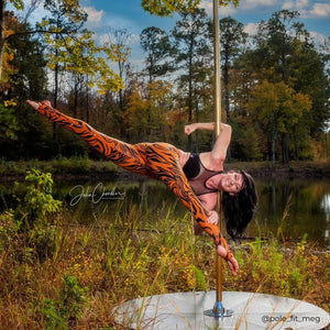 pole dancer in sticky tiger leggings in fire