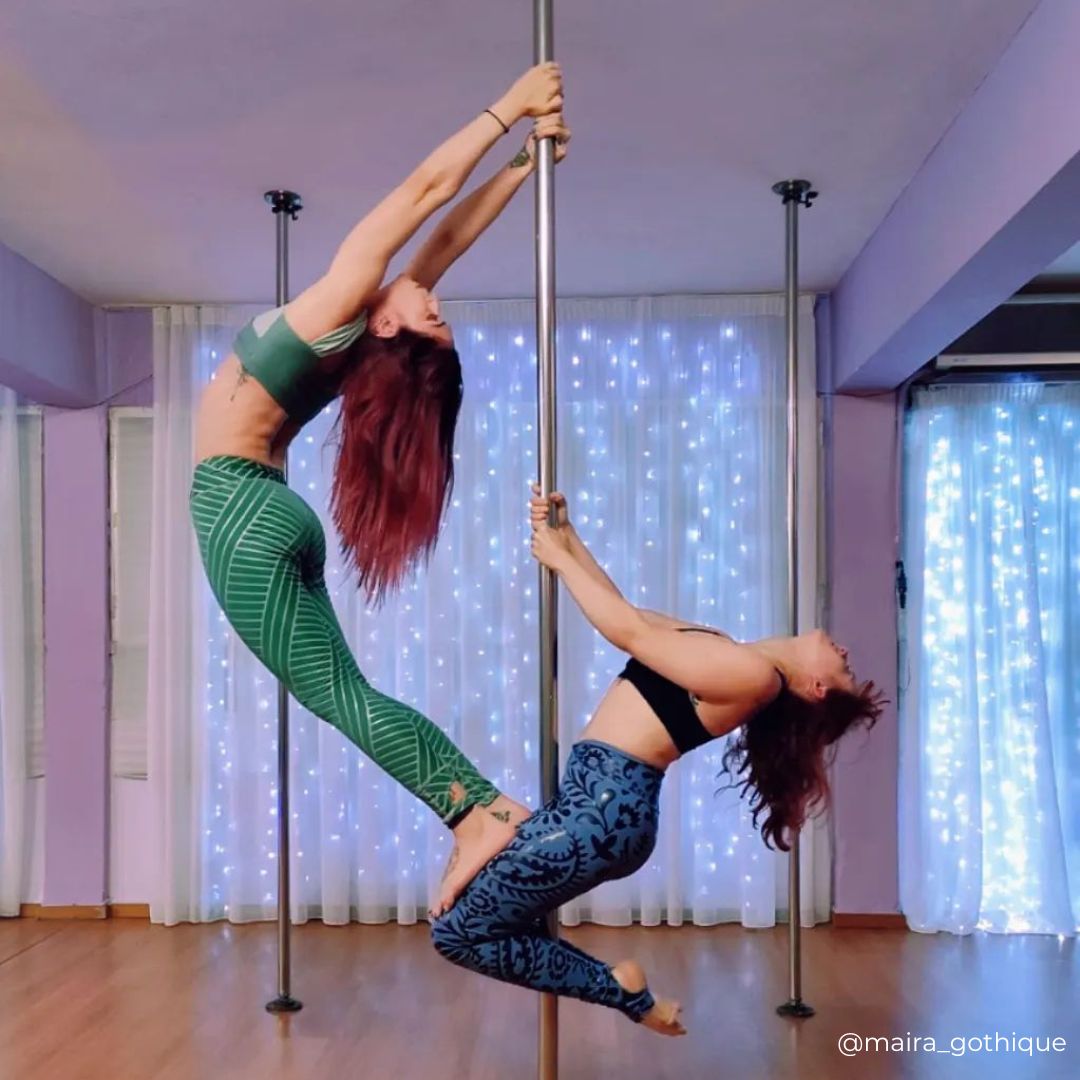 pole dancers in sticky geometric sage green and sticky paisley in arctic blue