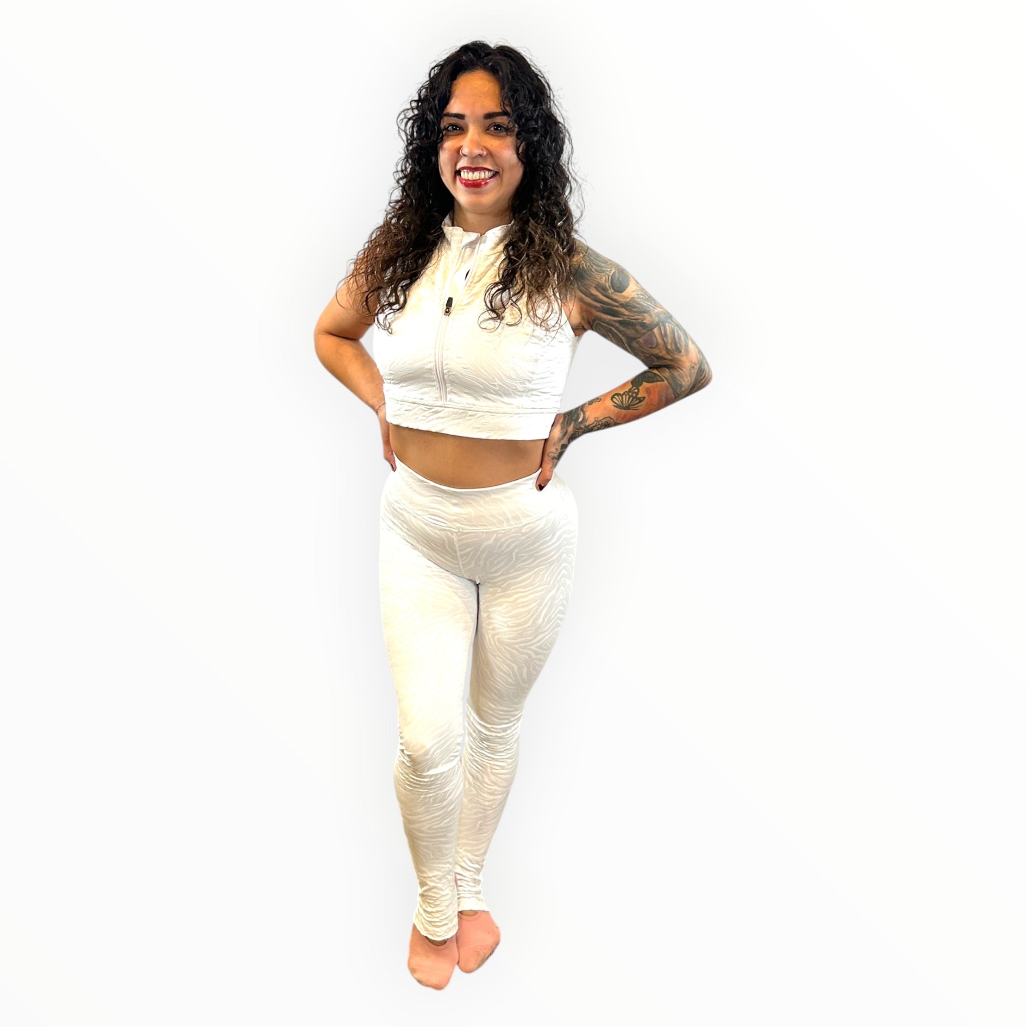 Canopy Anchor grip pole leggings with stirrup in Cloud Dancer liquid zebra print