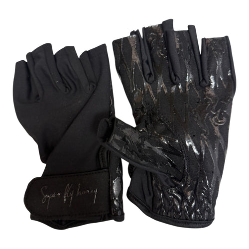 Sticky Grip Gloves in Midnight Black Fishnet, fingerless with silicone grip palm and adjustable wrist strap