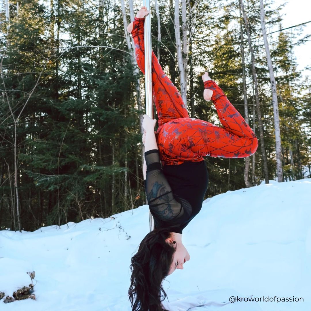 pole dancer in super fly honey sticky zodiac leggings in red dusk