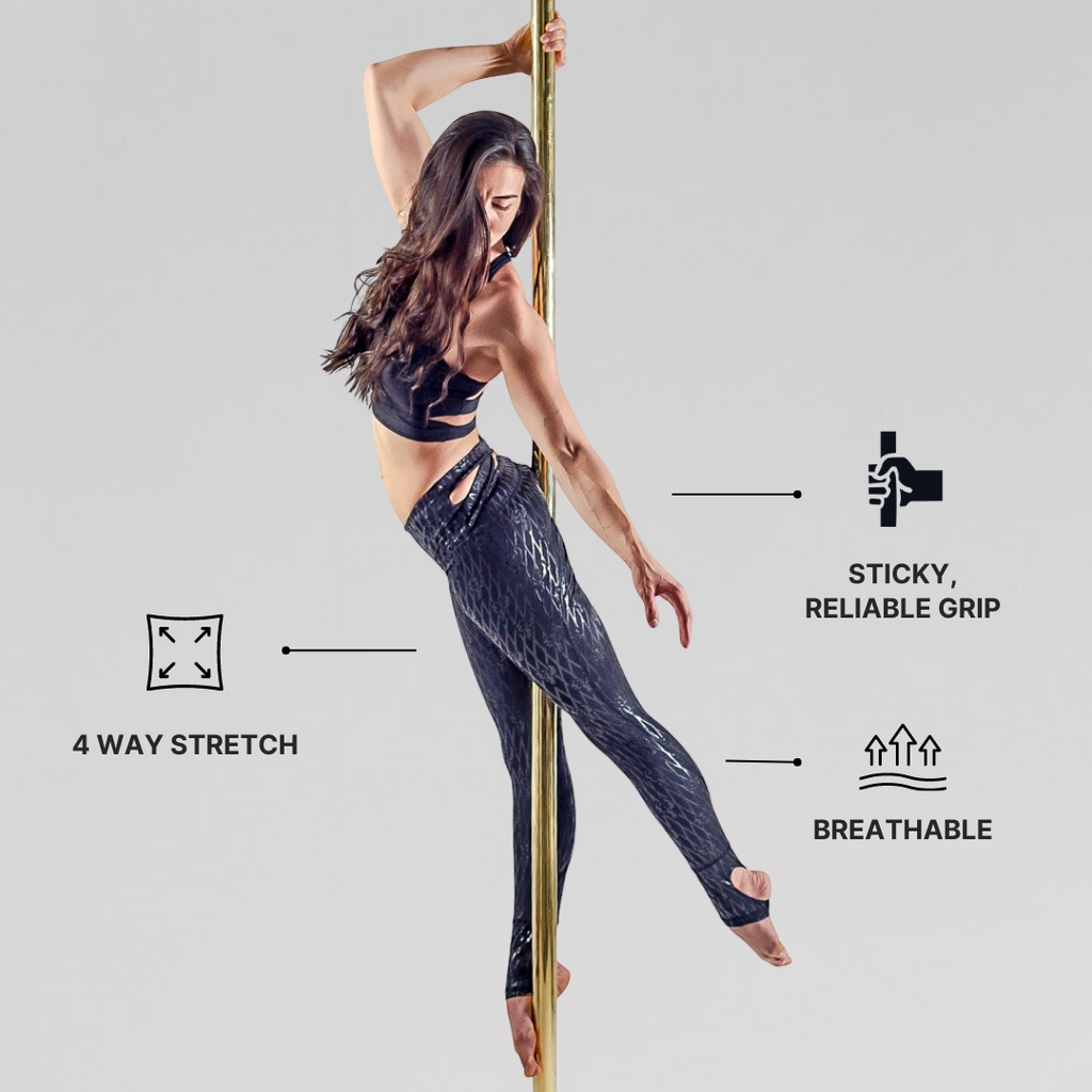 Predator Anchor grip pole leggings with stirrup in Midnight Black fishnet print