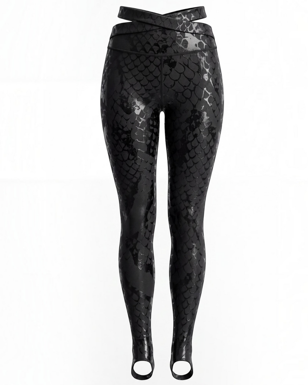Black snake print sticky leggings with back straps and stirrup foot