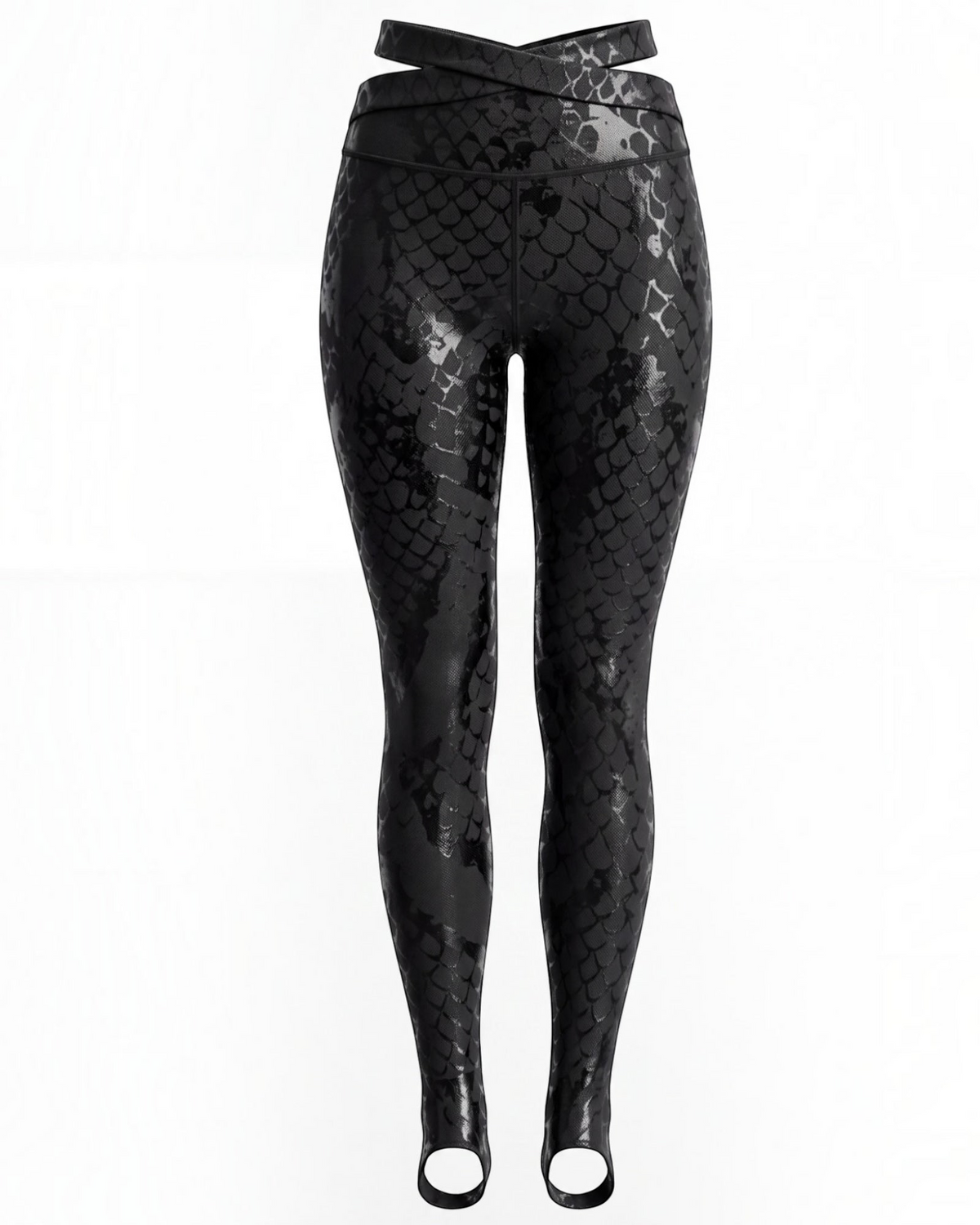 Black snake print sticky leggings with back straps and stirrup foot