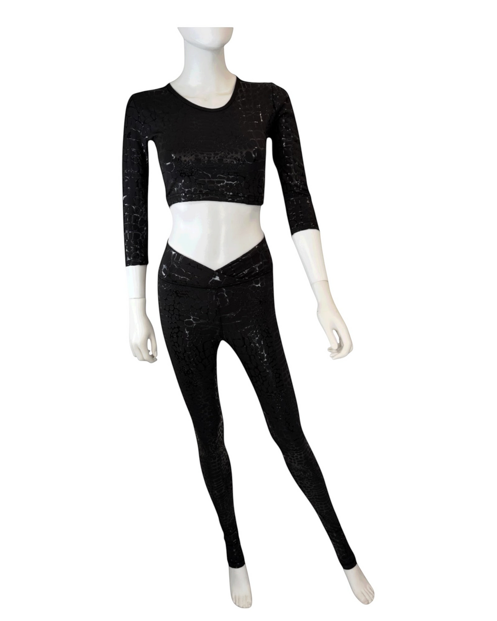 Black crocodile print pole dance leggings, back view