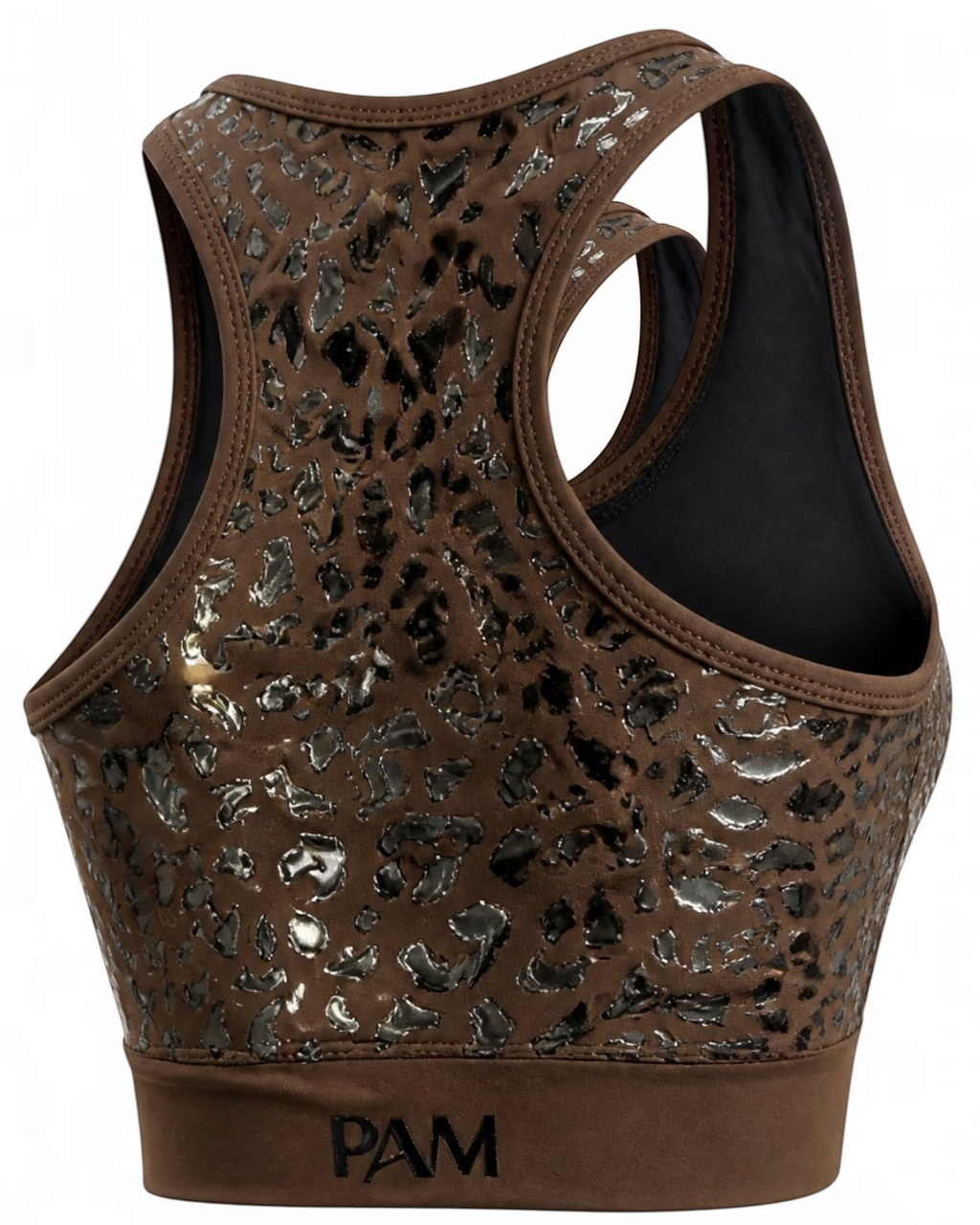 Brown leopard pole sports bra, full coverage with no back clasp