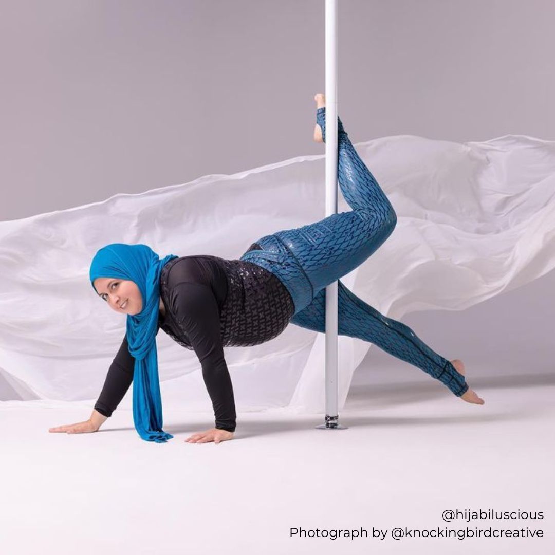 pole dancer in sticky fishnet leggings in blue sea