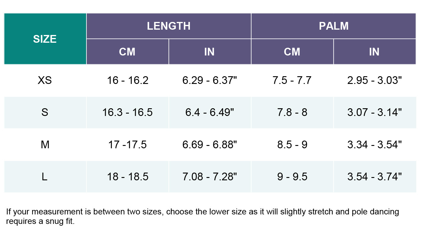 sticky gloves size chart