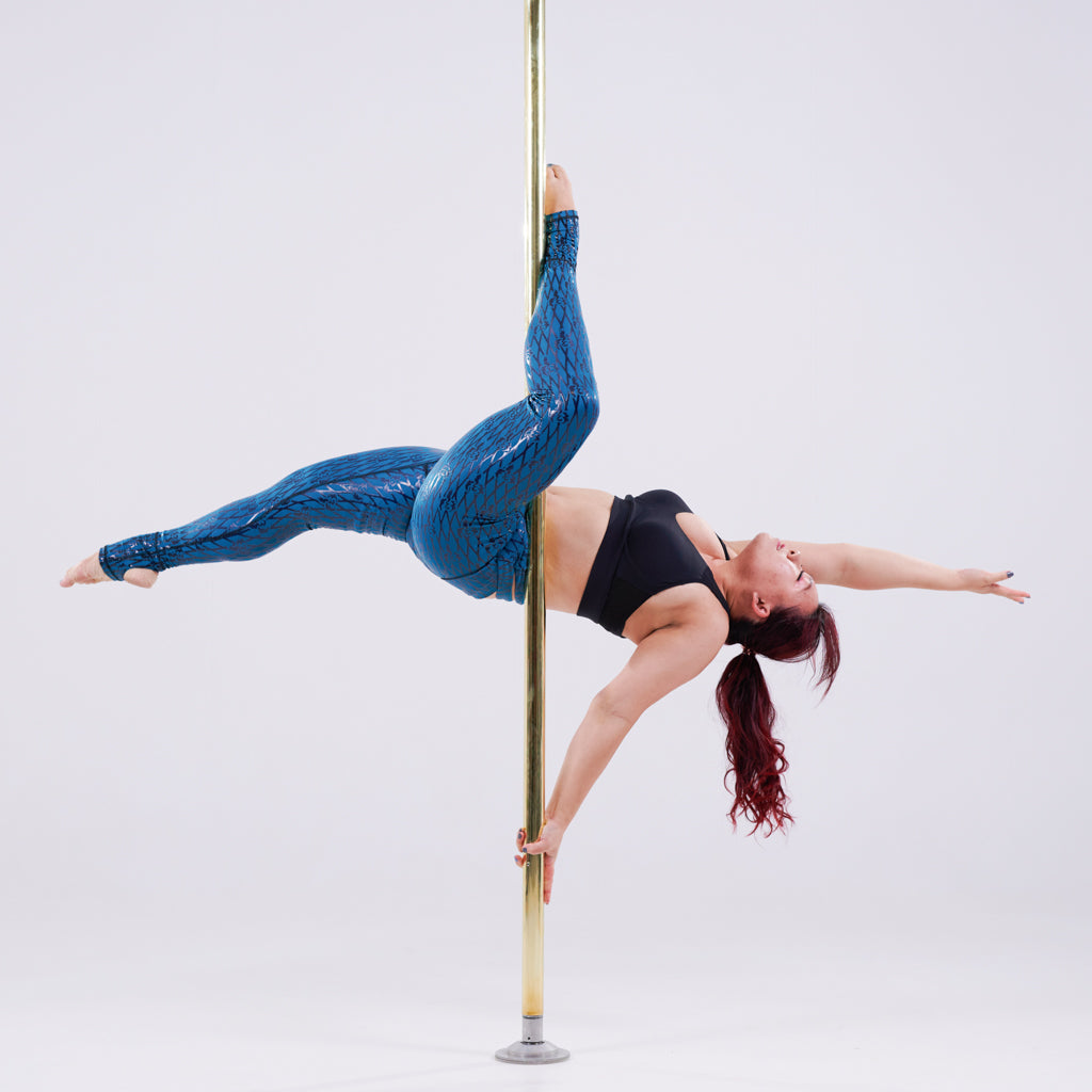 pole dancer in sticky fishnet leggings in blue sea