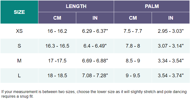 Sticky mesh gloves size chart